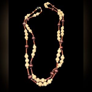 VINTAGE Necklace Boho Natural Wood BROWN & Natural WOOD Ball BEAD Strand 42”